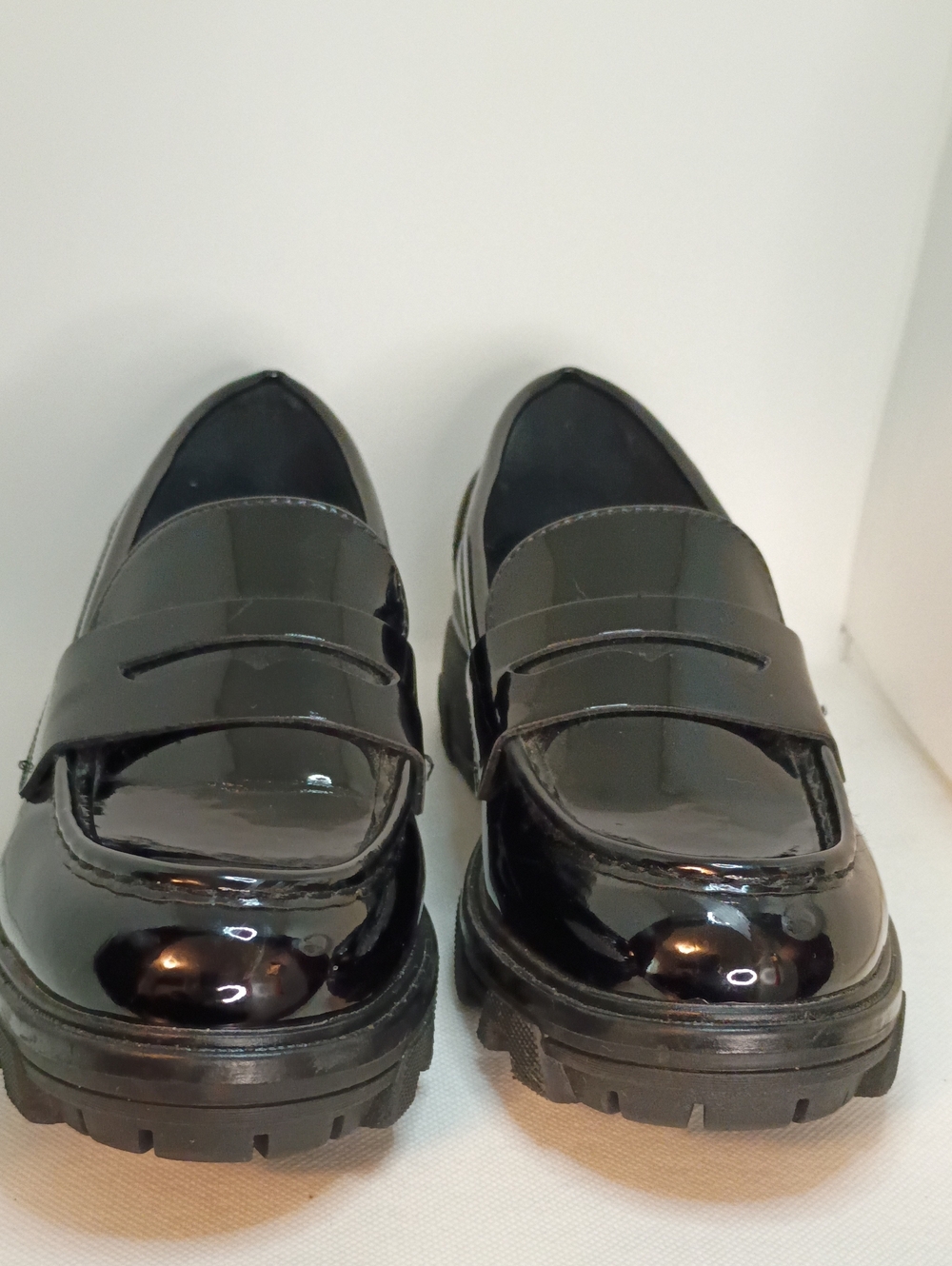 Unisa Black Patent Leather Lug Sole Penny Loafers